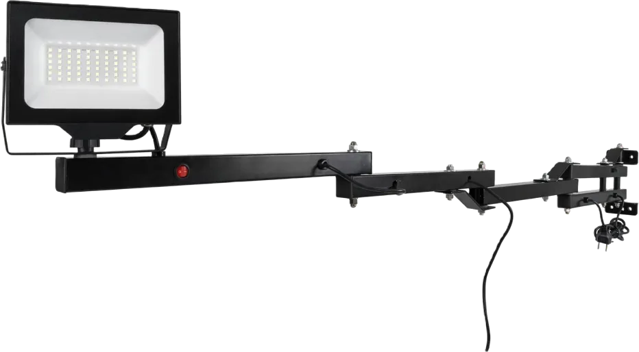 Lámpara de andén a la medida en color negro con varios brazos articulados extendidos y reflector LED